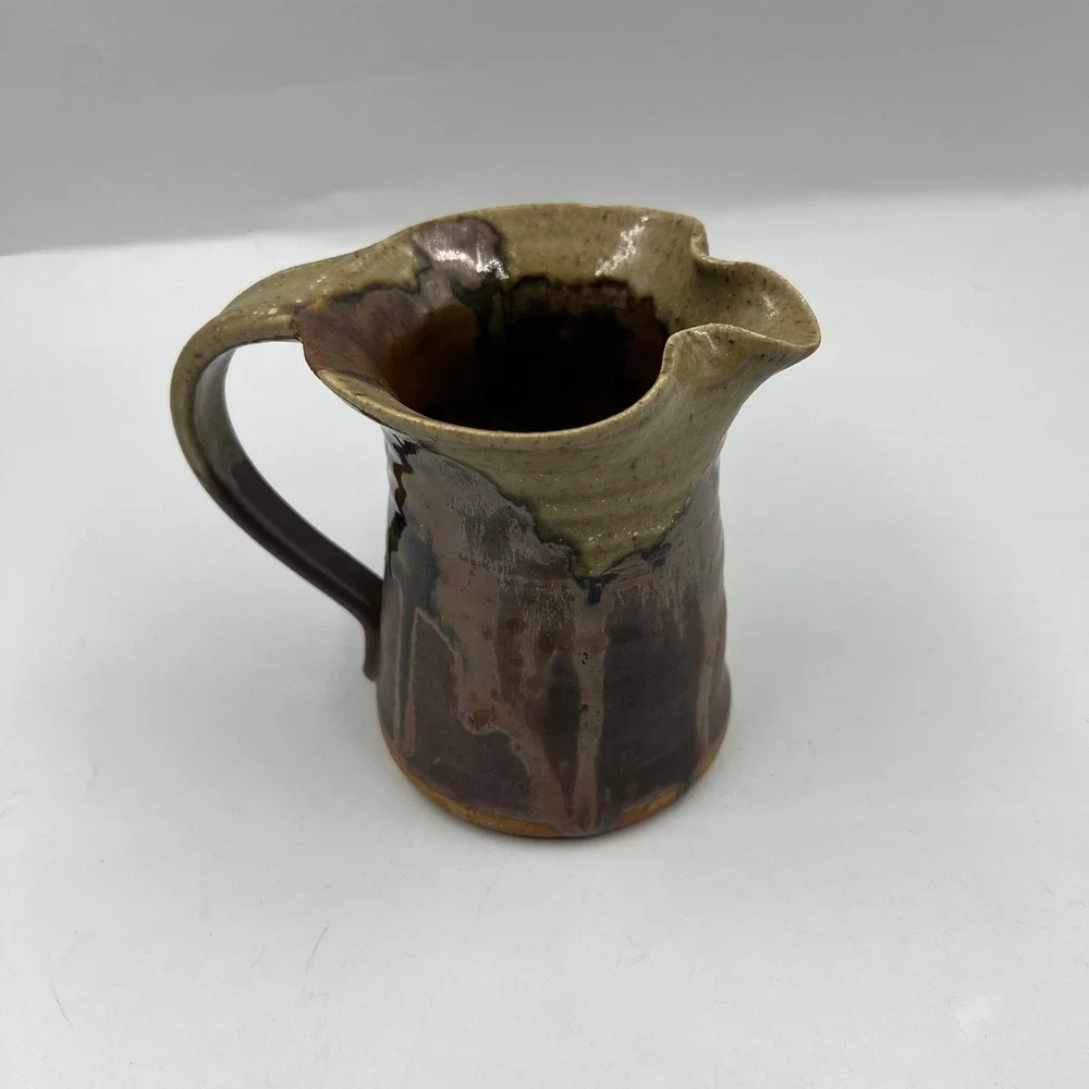 Vtg Handmade Stoneware Pitcher Brown Tan Drip Glaze Signed Studio Pottery